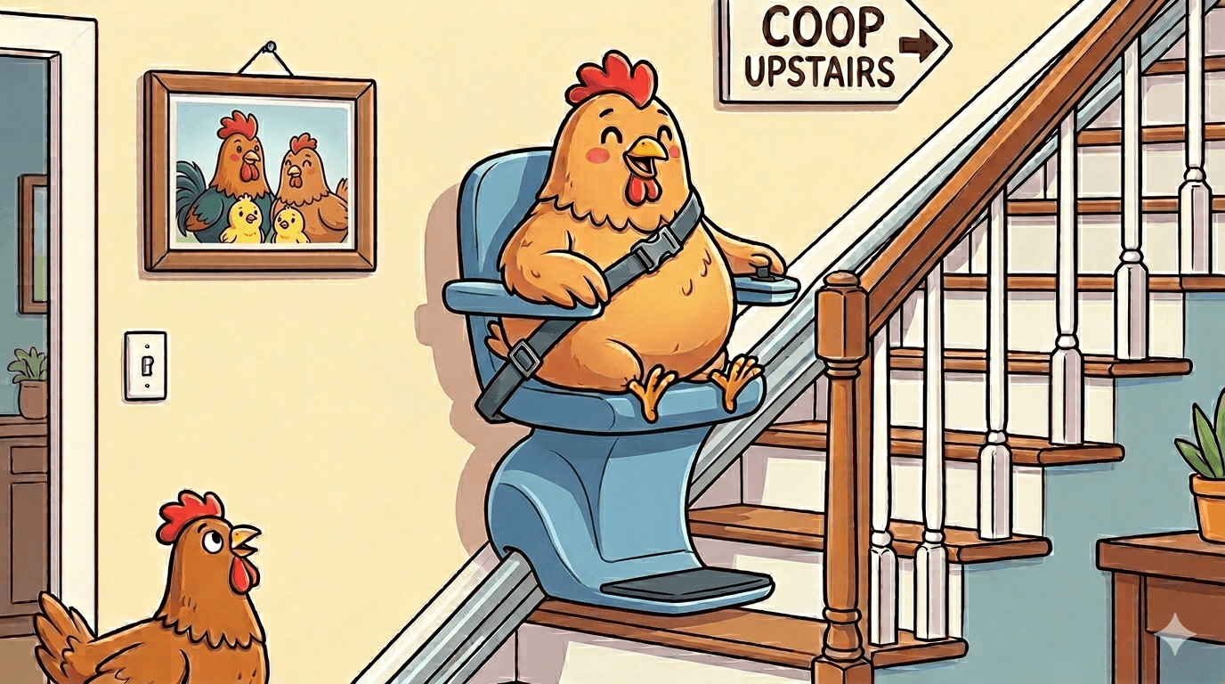 Illustration of a hen riding a stairlift toward a sign reading Coop Upstairs